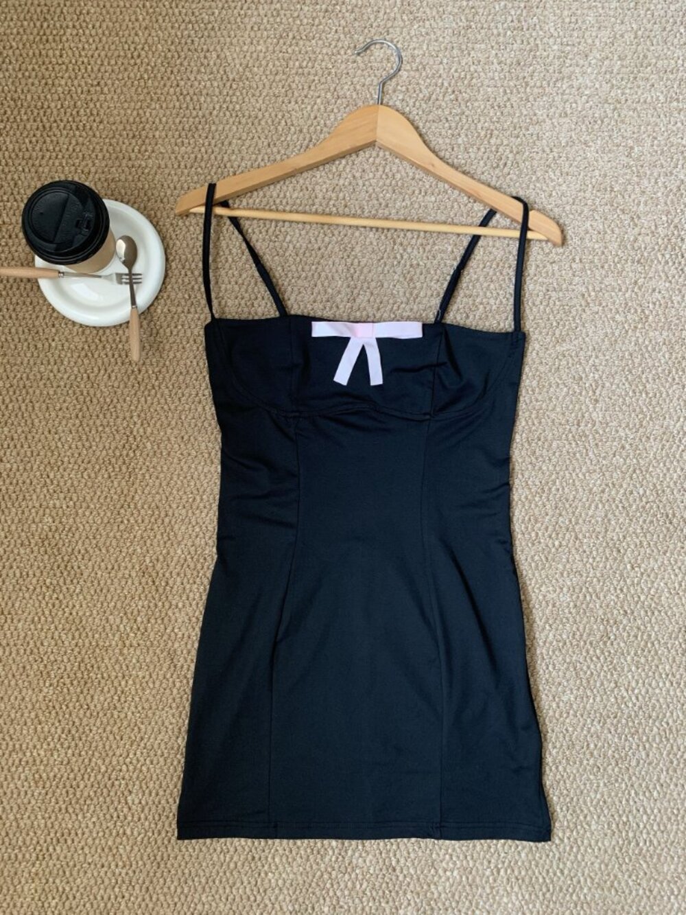 Black Bow Bodycon Mini Dress Spaghetti Strap Cute M - Picture 3 of 6